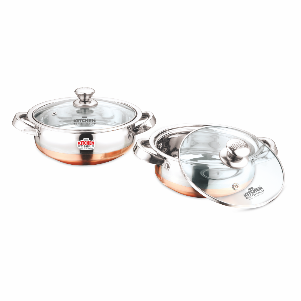 Stainless Steel 2Pcs Copper Bottom Biryani Bowl with Glass Lid (16 + 18 cm)