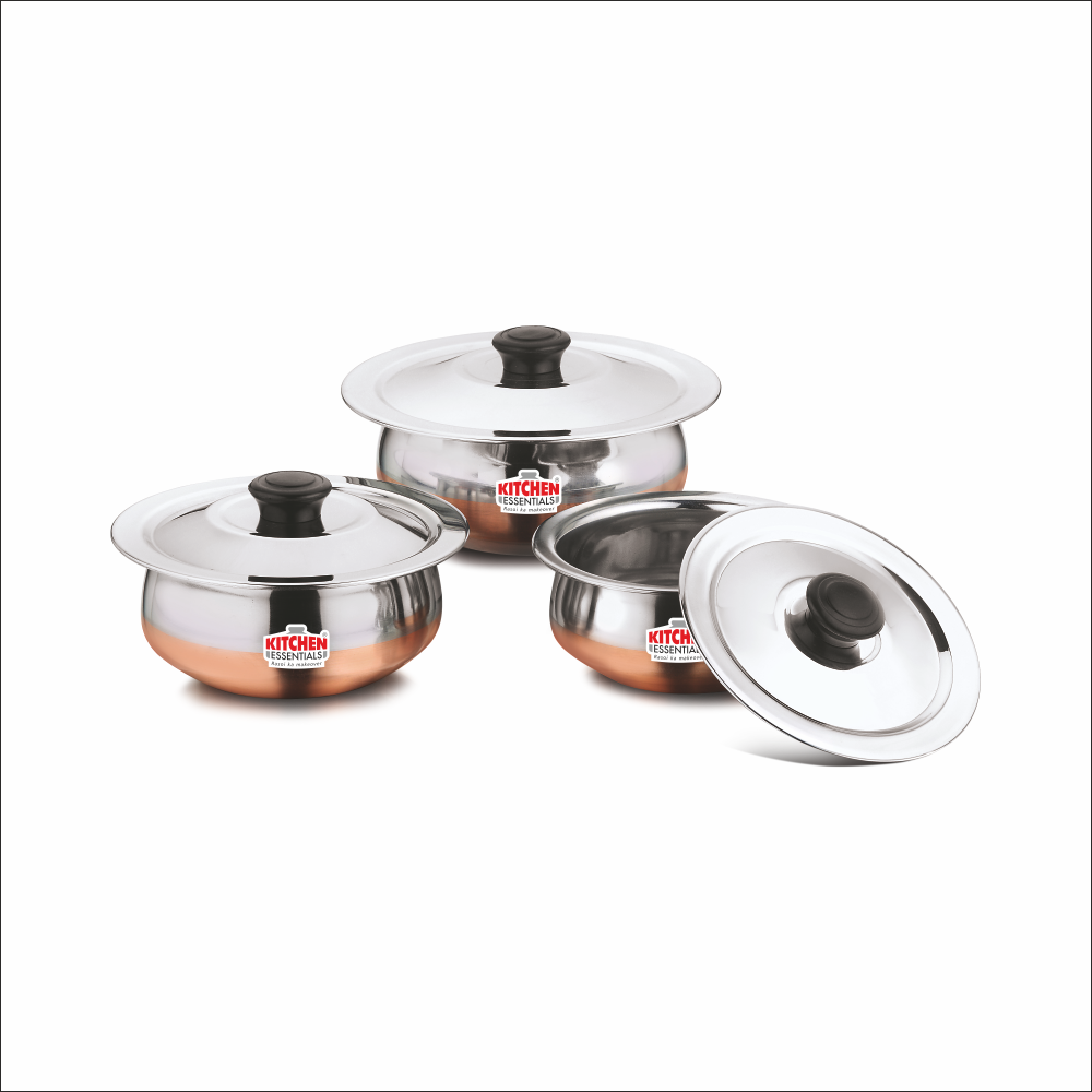 Stainless Steel 3Pcs Copper Bottom Handi with SS Lid (8,9,10)