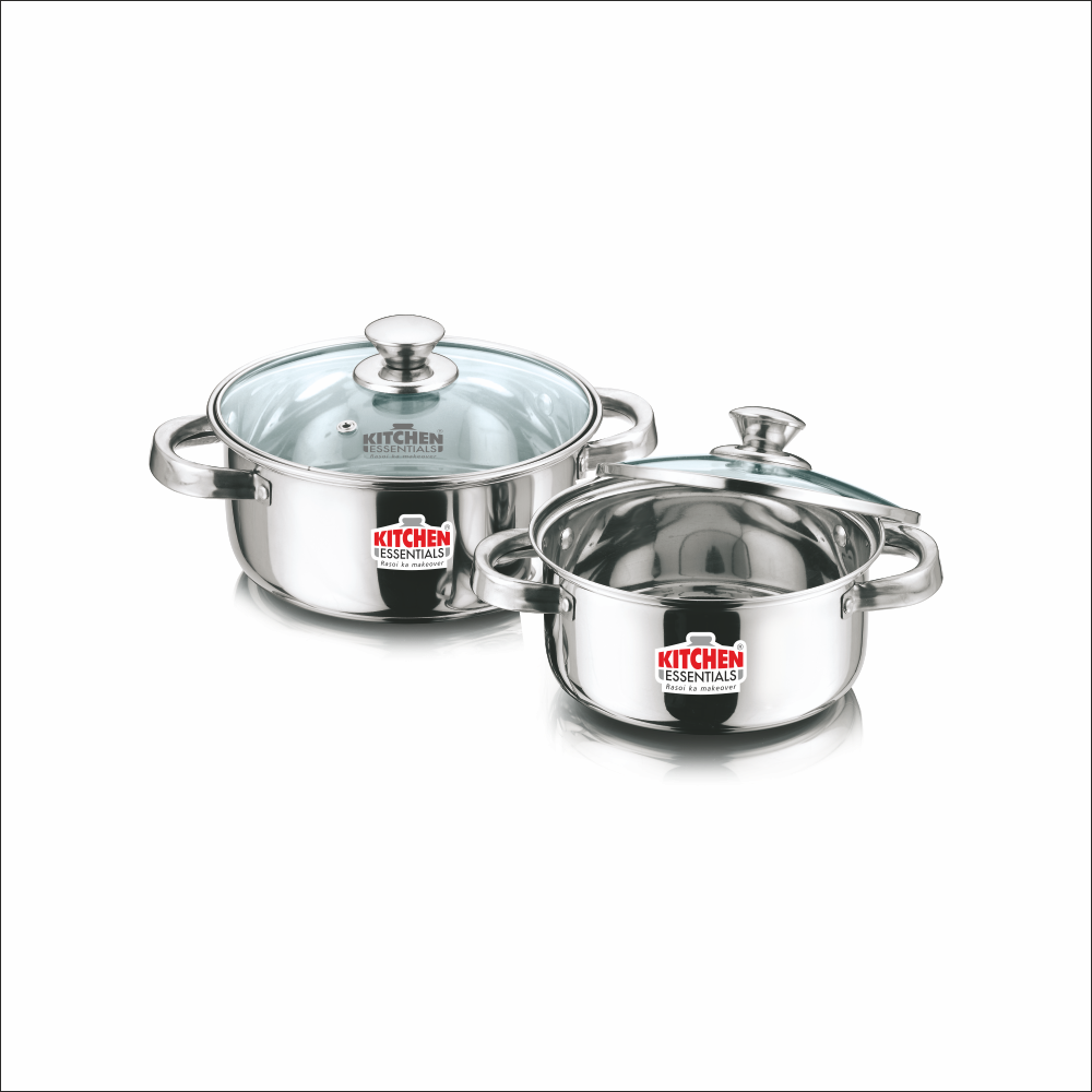 Stainless Steel Flat Bottom 2 Pcs Spartan Cook & Serve Set with SS Lid (16cm + 18cm)